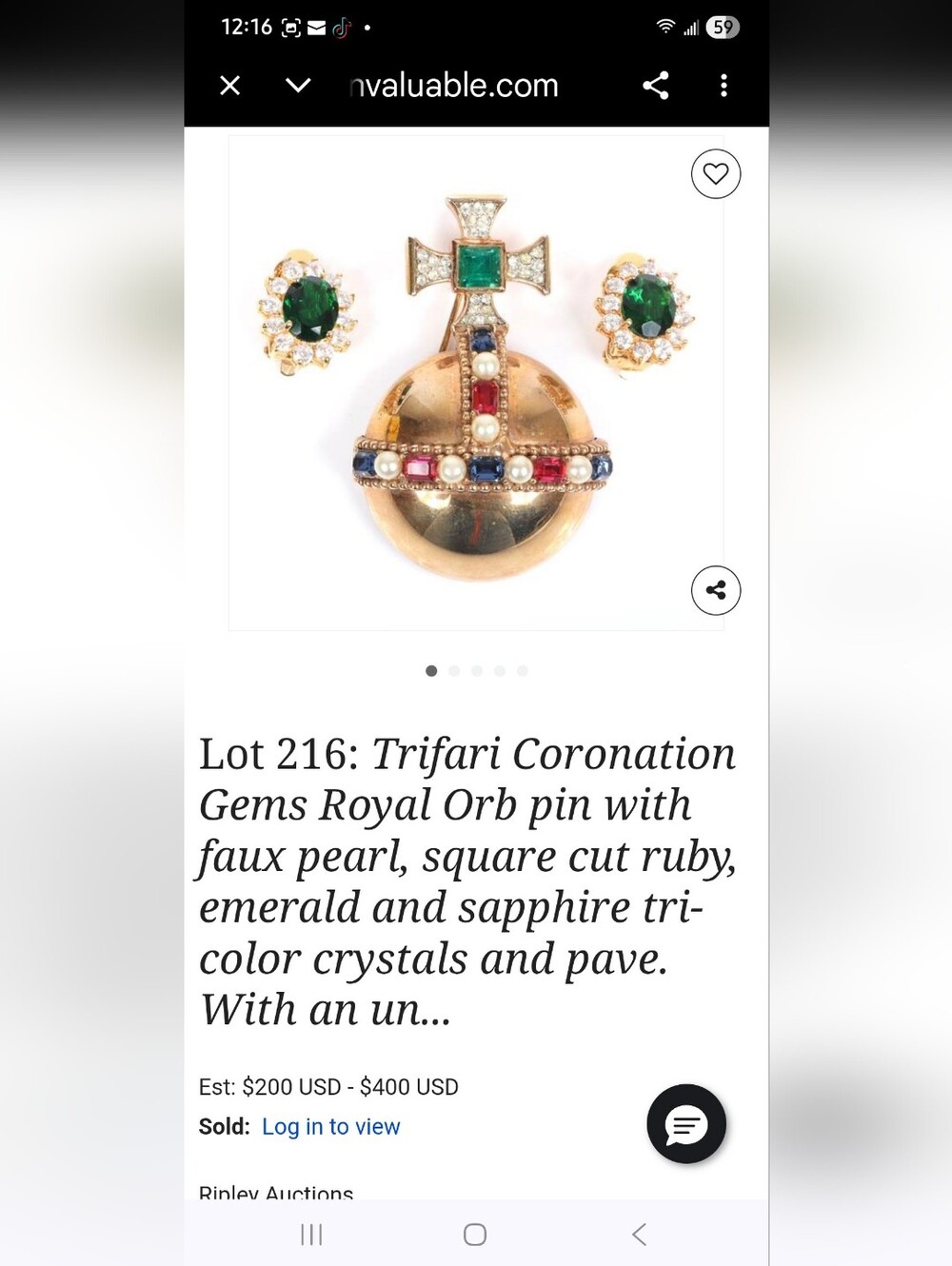 Vintage Trifari Royal Orb Brooch with Faux Pearl & Green Lucite Orb - Picture 11 of 12
